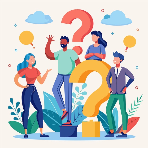 a poster with people standing in a circle and one has question marks on it