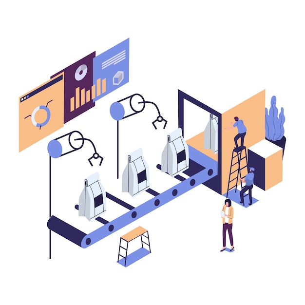 a production line with workers automation and user interface concept user connecting with a tablet and sharing data with a cyberphysical system Smart industry 40
