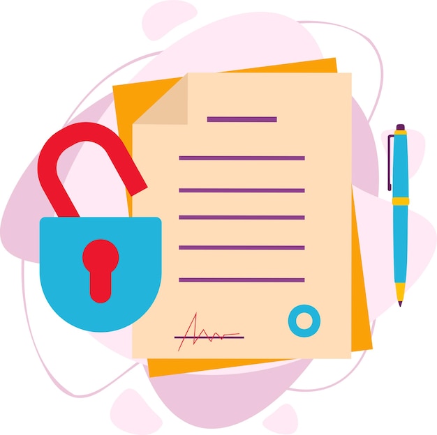 a protected document with a data file with an open lock icon. data protection, data security. a document with a lock icon and a pen.