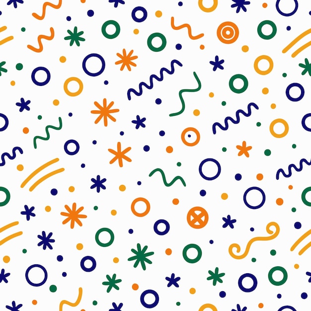 a seamless pattern with various shapes such as circles wavy lines and stars in different colors on a white background