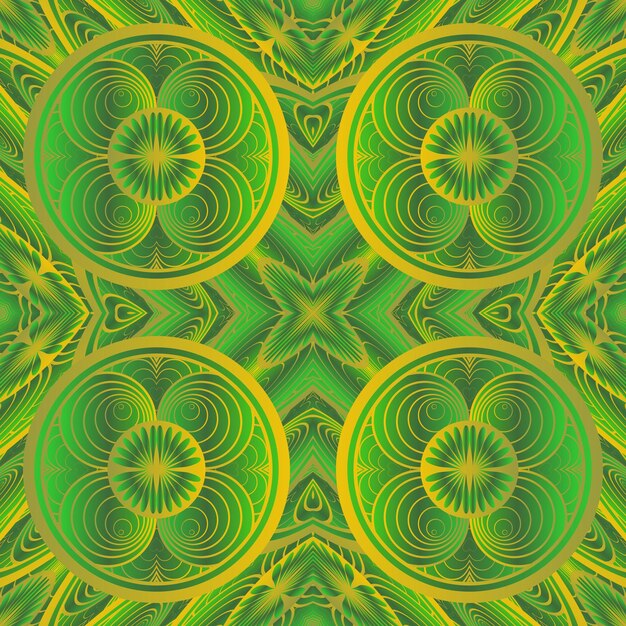 A seamless pattern with yellow and green circles and the word filigree on a green background.