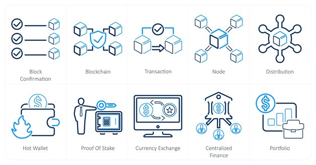 A set of 10 blockchain icons as block confirmation blockchain transaction