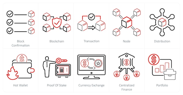 A set of 10 blockchain icons as block confirmation blockchain transaction