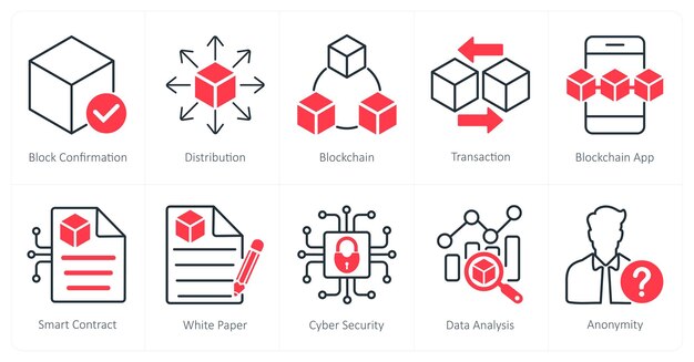 A set of 10 Blockchain icons as block confirmation distribution blockchain