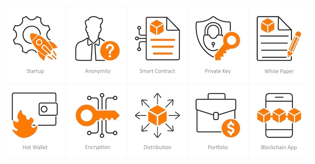 A set of 10 Blockchain icons as startup anonymity smart contract