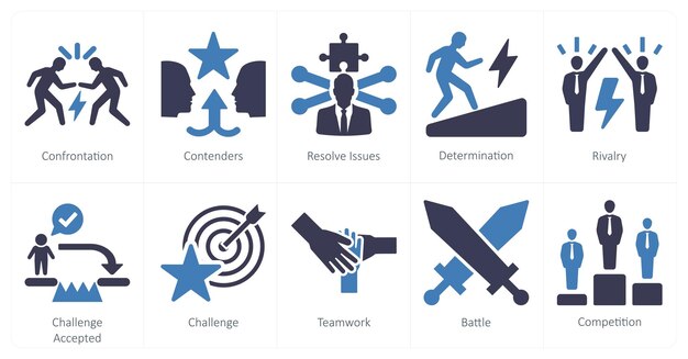 a set of 10 challenge icons as confrontation contenders resolve issues