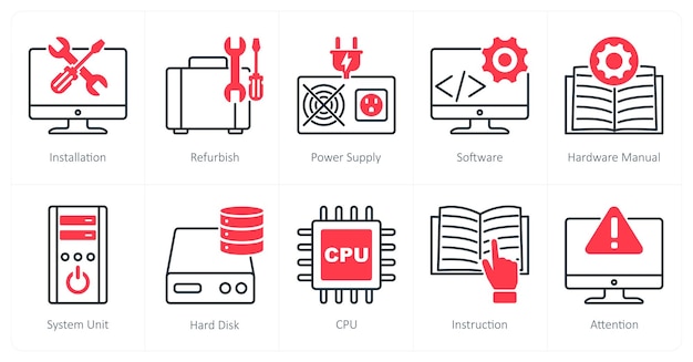a set of 10 computer parts icons as installation refurnish power supply