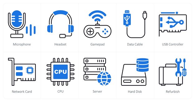 a set of 10 computer parts icons as microphone headset gamepad