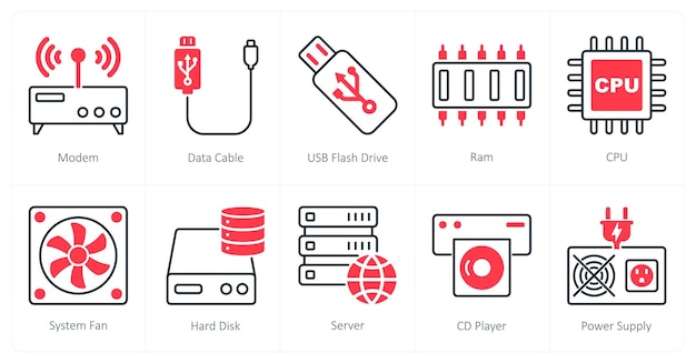 a set of 10 computer parts icons as modem data cable usb flash drive
