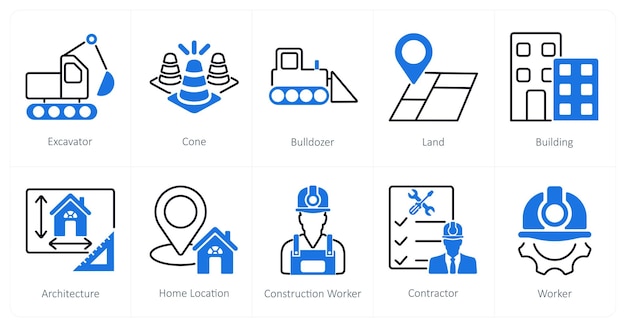 A set of 10 Construction icons as excavator cone bulldozer