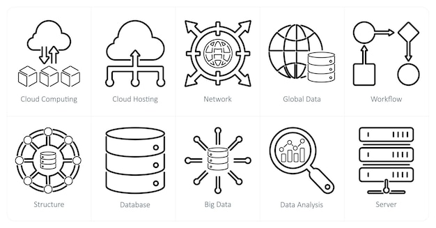 A set of 10 data analytics icons as cloud computing cloud hosting network
