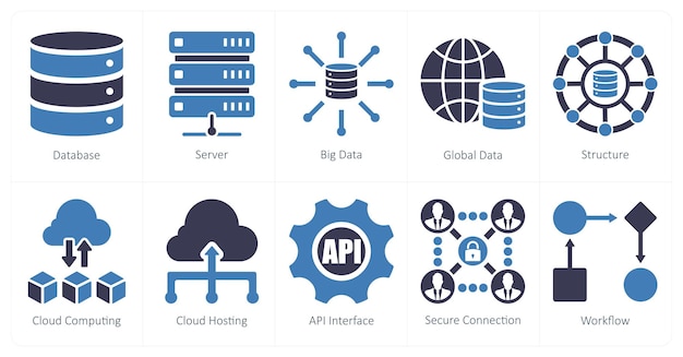 A set of 10 data analytics icons as database server big data