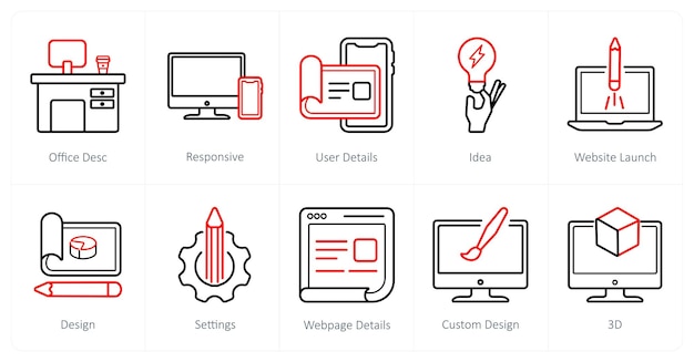 a set of 10 design and creativity icons as office desc responsive user details