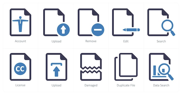 A set of 10 File icons as account upload remove