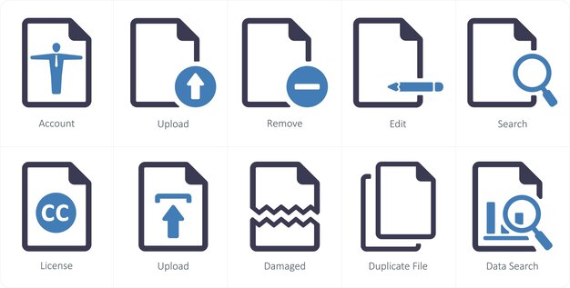 A set of 10 File icons as account upload remove