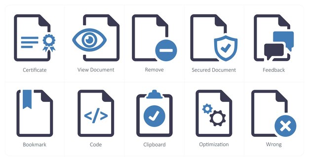 A set of 10 File icons as certificate view document remove