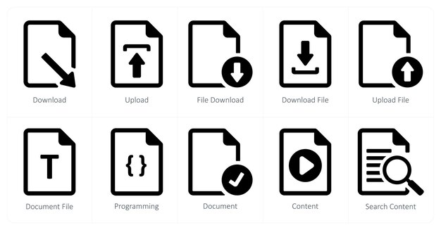 A set of 10 File icons as download upload file download