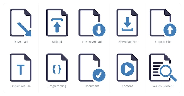 A set of 10 File icons as download upload file download