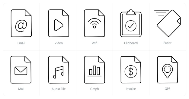 a set of 10 file icons as email video wifi