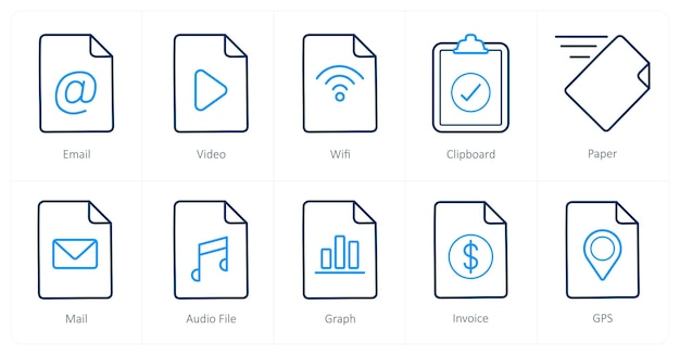 a set of 10 file icons as email video wifi