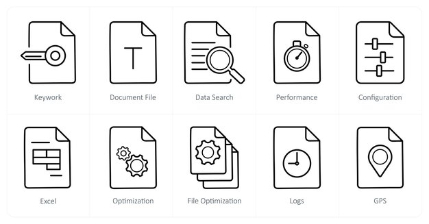 A set of 10 File icons as keywork document file data search