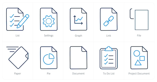 A set of 10 File icons as list settings graph