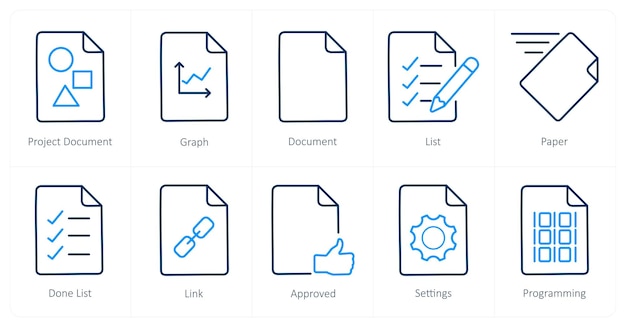 A set of 10 File icons as project document graph document
