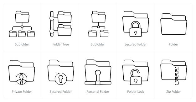 A set of 10 Folder icons as sub folder folder tree secured folder
