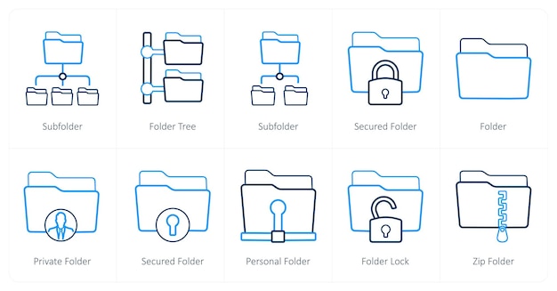 A set of 10 Folder icons as sub folder folder tree secured folder