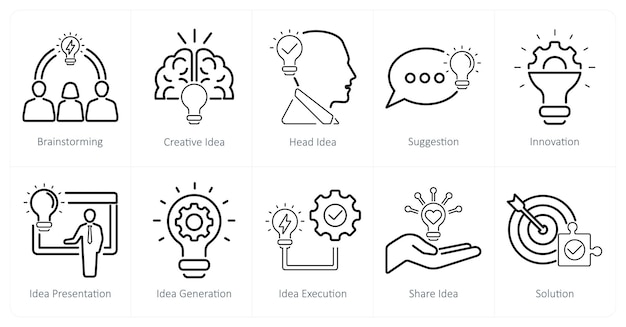 a set of 10 idea icons as brainstorming creative idea head idea
