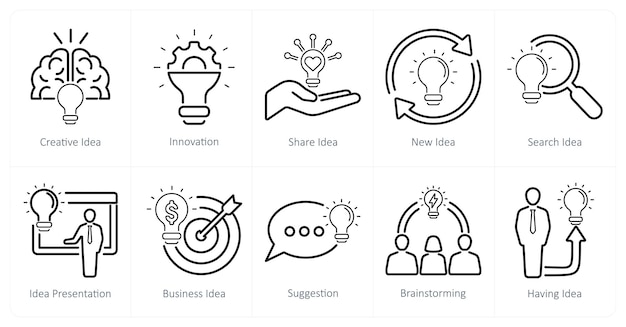a set of 10 idea icons as creative idea innovation share idea