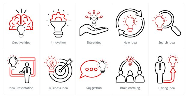 a set of 10 idea icons as creative idea innovation share idea