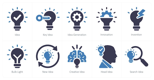 a set of 10 idea icons as idea key idea idea generation
