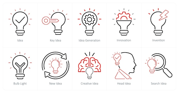 a set of 10 idea icons as idea key idea idea generation