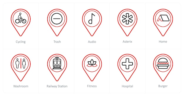 A set of 10 Location Pointer icons as cycling trash audio