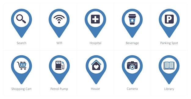 A set of 10 Location Pointer icons as search wifi hospital
