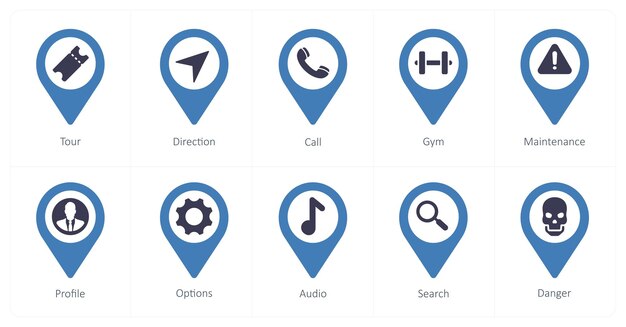 A set of 10 Location Pointer icons as tour direction call