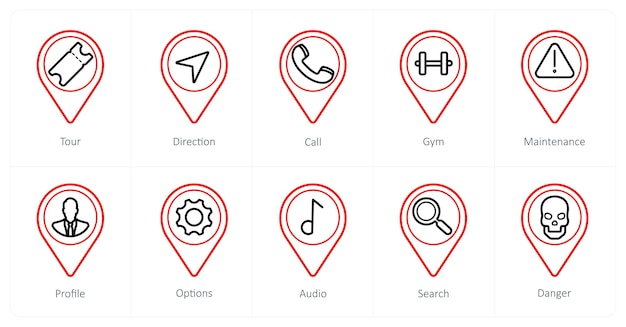 A set of 10 Location Pointer icons as tour direction call