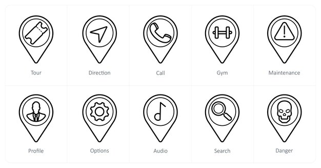 A set of 10 Location Pointer icons as tour direction call