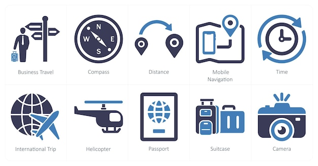 A set of 10 mix icons as business travel compass distance mobile navigation