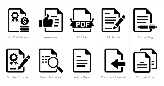 A set of 10 mix icons as certified money agreement pdf file