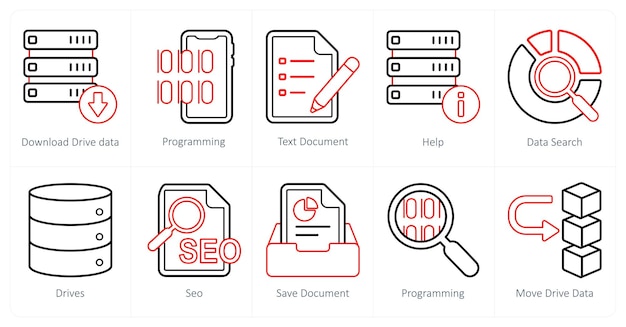 a set of 10 mix icons as download drive data programming text document