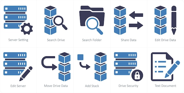 a set of 10 mix icons as server setting search drive search folder