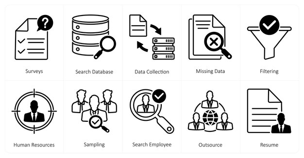 A set of 10 mix icons as surveys search database data collection