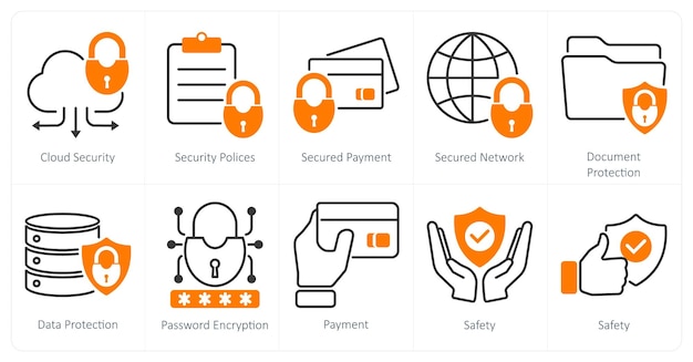 A set of 10 security icons as cloud security security policies secured payment