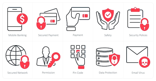 A set of 10 security icons as mobile banking secured payment payment
