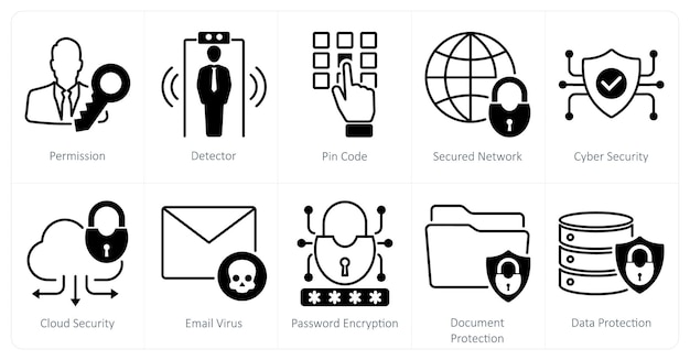 A set of 10 security icons as permission detector pin code