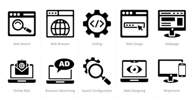 A set of 10 seo and digital marketing icons as web search web browser coding