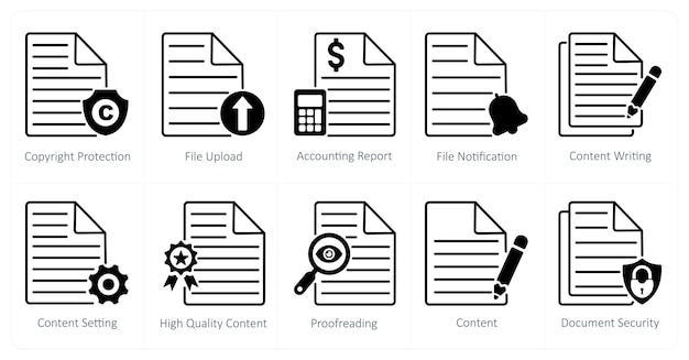 A set of 10 seo icons as copyright protection file upload accounting report