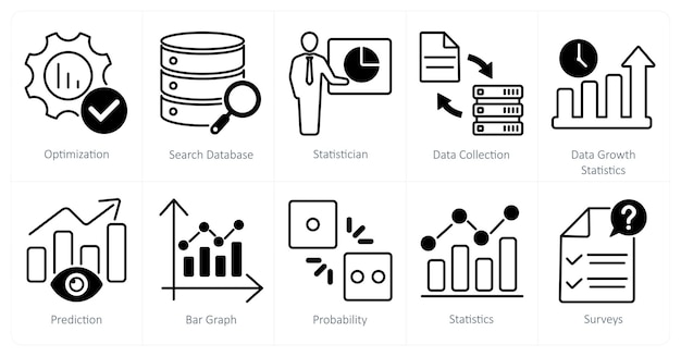 A set of 10 statistics icons as optimization search database statistician